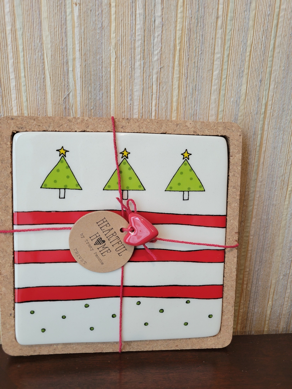 Demdaco Green & Red Holiday Tree Ceramic Trivet Cork Base NWT
